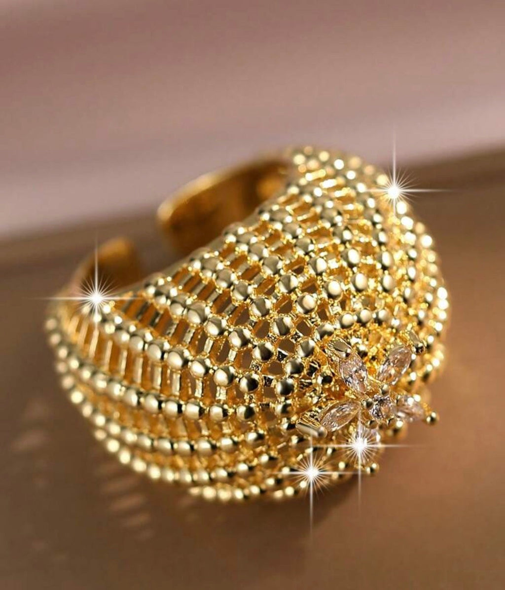 Gold Mesh Crystal Flower Ring
