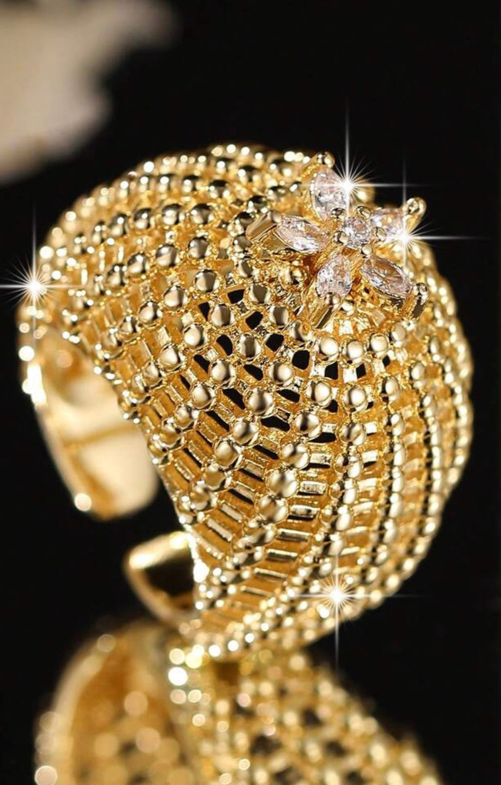 Gold Mesh Crystal Flower Ring