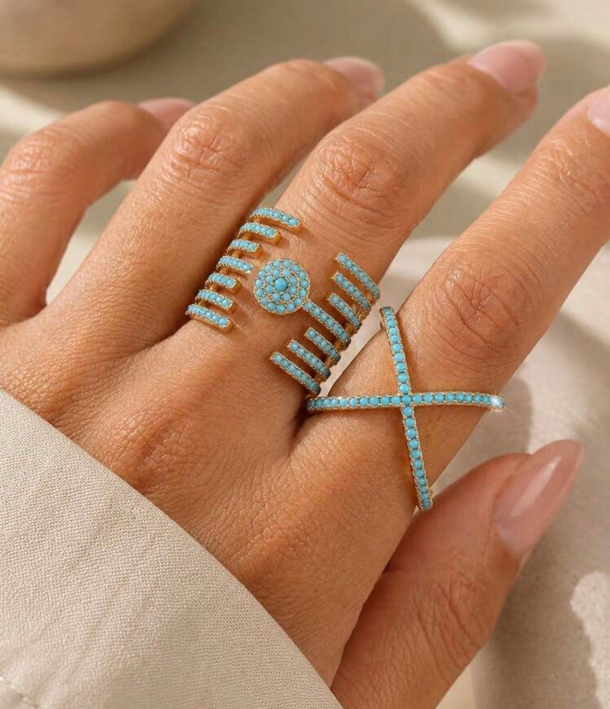 Turquoise Pavé Ring Set – Sunburst Cuff & X Cross Ring