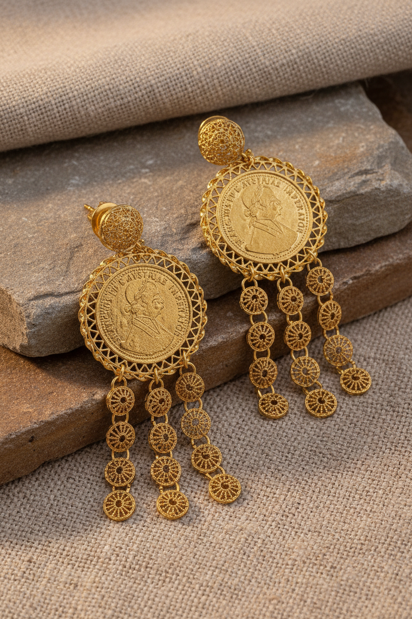 Antique Coin Sunburst Tassel Earrings