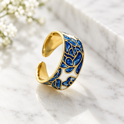 Blue Floral Enamel Gold Cuff Ring – Enhanced