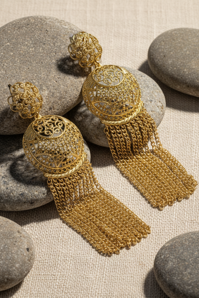 Dome Filigree Chain Tassel Earrings