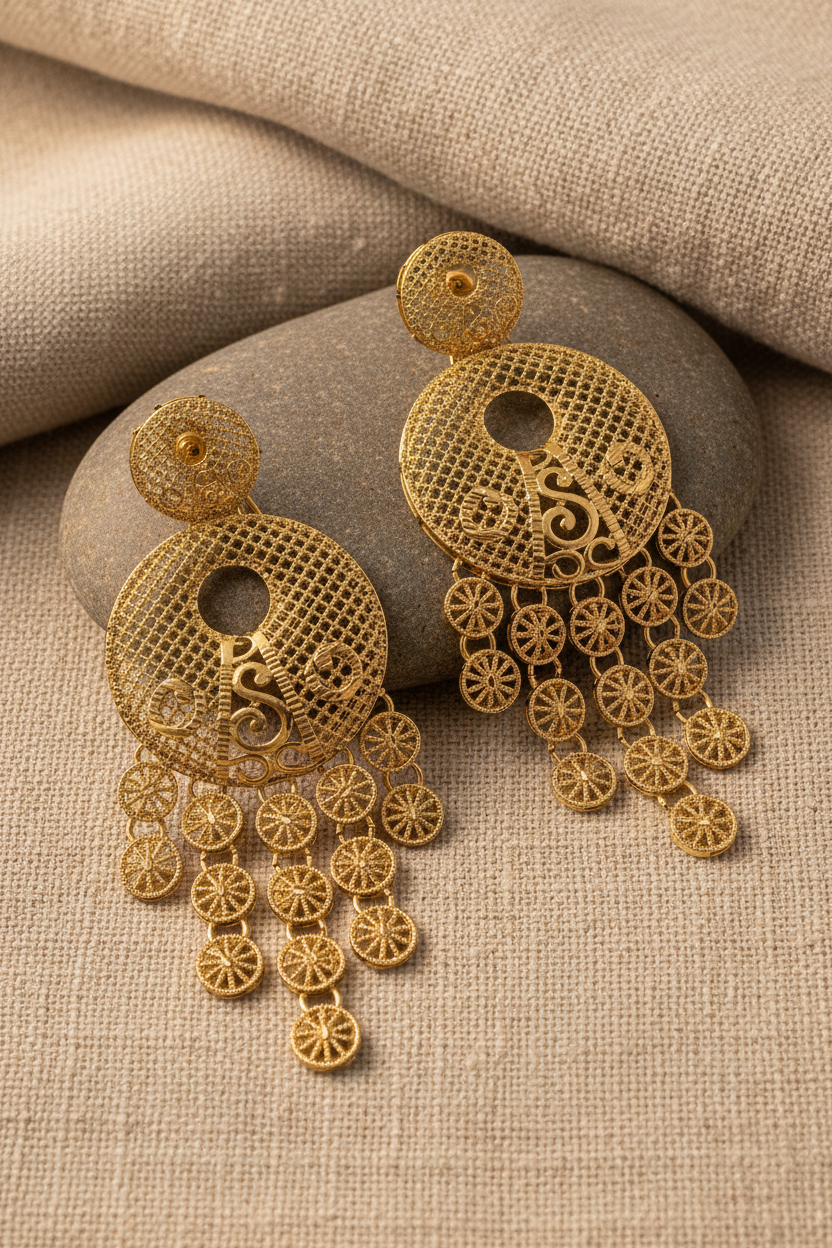 Filigree Disc Coin Tassel Earrings