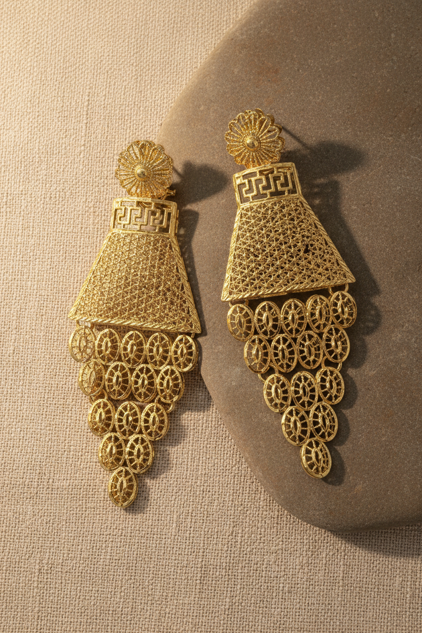 Greek Key Filigree Waterfall Earrings