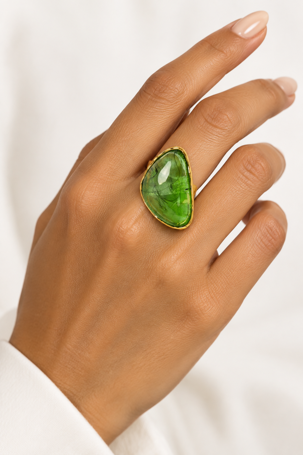 Oversized Oval Ring | Synthetic Amber Bead | Rose Gold Edge | Bold Modern Luxury